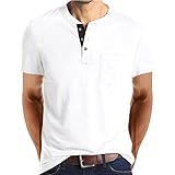 M&F EVENMINE Modisches Henley-Hemd für Herren, lässig, Button-Down, lang/kurzärmelig, schmale Passform, Baumwoll-T-Shirt mit Tasche, Farbe: Weiß., L