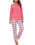 Litherday Pyjama Damen Lang Schlafanzug Kariert Nachtwäsche Winter Pyjama Set aus Baumwolle Zweiteiliger mit Taschen Rundhals Sleepwear für Herbst, Rosa, XL