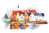 adrium Leinwand-Bild 50 x 30 cm: Aquarellillustration von Häusern mit traditionellen europäischen architektonischen Merkmalen.(86639468)