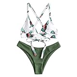 ZAFUL zweiteilig Bikini-Set mit verstellbarem BH & Rückengurt Design, Triangle Badehose mit Vögel-Gedruckt (Grün, M)
