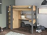 Vente-unique - Hochbett mit Schreibtisch + Kleiderschrank + Matratze - 90 x 200 cm - Naturfarben & Anthrazit - Auck