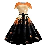IKFIVQD Halloween-Kostümkleid für Damen, Halloween-Kürbis-Druck, kurzärmelig, bedruckte Schleife, Halloween-Kleid (11-Orange, XL)