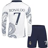 metekoc R. Madrid Ronaldo #7 Kinder Trikot Fußball Spezielle Weißer Drache Edition, Langarmtrikot und Shorts, Jugendgrößen (Weiß,26)