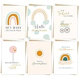 6 x Hochwertige Karte zur Geburt - Glückwunschkarte Geburt für Mädchen und Jungen - Süße Geburtskarten für Baby als 6er Set mit Umschlägen aus Kraftpap