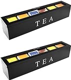 2x TMV24 Teebox mit 6 Fächern, Tee Kiste aus Holz Aufbewahrungsbox Dose mit Sichtfenster schwarz, Praktische Teeaufbewahrungsbox für Teebeutel, Teebeutelbox und Tee Organizer, T