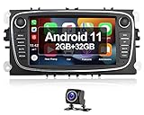 [2GB+32GB] CAMECHO Android 11 CarPlay Android Auto HiFi Autoradio für Ford Focus mk2 Mondeo Cmax Galaxy Smax Kuga,7 Zoll HD Touchscreen mit GPS/Bluetooth/WiFi/HiFi/FM/RDS/+AHD Rückfahrkamera(Schwarz)