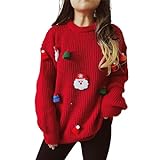 Weihnachtspullover Damen Weihnachtspullover Weihnachtsmotiv Jacquard Xmas Sweatshirt#5, rot, 36