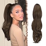 FESHFEN Zopf Pferdeschwanz mit Kordelzug, Natürlich Wellig Layered Haarteil Synthetik Moosbraun Haarverlängerung Clip in Ponytail Haarextension Haarzopf für Damen, 50
