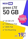 Mega SIM green LTE 50 GB – Handyvertrag im Telefonica Netz mit Internet Flat, Flat Telefonie und SMS und EU-Roaming – In alle deutschen Netze – Monatlich kündb