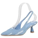 VAN HILL Damen Slingpumps Stiletto Denim Trendy Schuhe 213680 Hellblau 36