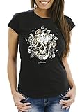Neverless® Damen T-Shirt Totenkopf Rosen Skull Roses Schädel Slim Fit schwarz XL