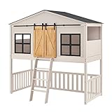 Juskys Kinderbett Farmhaus 90 x 200 cm mit Treppe, Dach & Fenster — Hochbett rosa für Kinder — Lattenrost bis 150 kg — Hausbett aus M