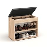 KOMTO Schuhbank mit Sitzfläche - Schuhregal Bank mit Stauraum Sonoma Eiche 60 x 48 x 32 cm Kleiner Schuhschrank mit Sitzbank Flur Bank Garderobenbank S