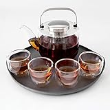 VIVA Scandinavia Teekanne mit Siebeinsatz, Glas Teekocher im Set mit 4 kleinen Tee-Tassen aus Borosilikat Glas und Serviertablett grau, Geschirrspüler-geeignet, Tropffrei, 0,75 L