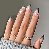 Luvadeyo 24 Stück Almond Press on Nails Kurz, Dark Green künstliche French Nägel mit Designs, Acryl Nägel Zum Aufkleben mit Nagelkleber, White Swirl Fake Nails Kurz für Frauen und M