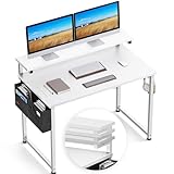 ODK Schreibtisch Weiß mit Monitorständer Höhenverstellbar, 120x50x74cm Computertisch mit Aufbewahrungstasche, PC Tisch mit Kopfhörer Halter, Kleiner Bürotisch Officetisch für Home O