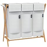 AdelDream Wäschekorb 3 Fächer 150L Bambus Wäschesammler Wäsche Sortiersystem X-förmige Wäschebox laundry baskets Wäschesortierer Hellg