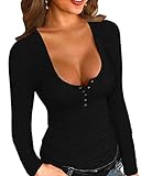 YBENLOVER Damen Henley Shirt Langarm V-Ausschnitt Tops Casual Button Down Shirts Sexy Slim Oberteile (M, Schwarz)