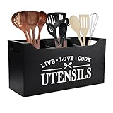Karisky Kitchen Utensil Holder with Drainage Bottom, Large 3 Compartments Solid Real Wood Utensil Organizer for Kitchen Counter, Farmhouse Cooking Tools Storage for Countertop, Black