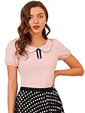 Allegra K Damen 50er Jahre Oberteil Kurzarm Rundhals Bubikragen Rockabilly Vintage Bluse Einfarbig Retro Shirt Rosa XL