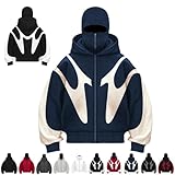 MGHN Sturmhaube mit Kapuze, Reißverschluss, windabweisende Winter-Herren-Kapuzenpullover, Sturmhaube, doppelte Kapuze, Fleece-Reißverschlussjacke mit Maske(Blue White,XL)