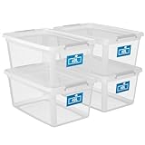 ATHLON TOOLS 4x 40L Aufbewahrungsboxen mit Deckel transparent – 100% Neumaterial - Stapelbare Plastik-Boxen – Lagerboxen – graue Verschlussclips – BPA F