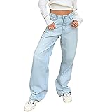 Yokbeer Damen Low Rise Wide Leg Jeans, Y2k Vintage Baggy Jeans für Damen Low Waist Wide Leg Pants 90s Style Streetwear (Color : Light Blue, Size : M)