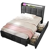 LTGB Polsterbett mit Aufladen USB Ladefunktion Kopfteil und 2 Schubladen,Einzelbett 90x200cm Stauraumbetten Bettgestell, Lattenrost aus Holz, Grau(Ohne Matratze)