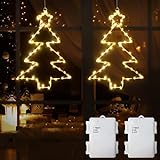DreiWasser Beleuchtet LED Fensterdeko Weihnachtsbaum warmweiß Batteriebetrieben, 2 Stück 120 LED Weihnachtsbaum mit 1m Zuleitung und Timer für Fenster Beleuchtung Deko Hängen Weihnachtsdek