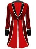 Aislor Damen Zirkusdirektor Kostüm Frack Jacke Frauen Langarm Show Mantel Samt Cardigan Smoking Karneval Uniform Mottoparty Clubwear Rot S
