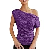 Damen One-Shoulder-Pailletten-Glitzer-Top, Plissiertes, asymmetrisches Glitzer-Top, schmale Passform, glitzerndes -Shirt Teenager Klamotten (Purple, L)