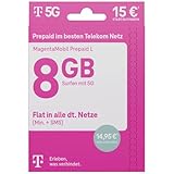 Telekom Magenta Mobil L Prepaid-Karte ohne Vertragsbindung: 15 EUR Startguthaben, 8 GB Highspeed-Volumen, LTE Max / 5G, Telefon- und SMS-Flat in alle dt. Netze (inkl. Festnetz)