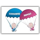 Süße Zwillings Babykarte/Glückwunsch Grußkarte zur Geburt von Zwillings Mädchen und Junge mit rosa und blauen Babys an Fallschirmen: Gemischtes Doppel!!