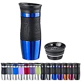 WELLGRO Thermobecher 400 ml + 1 Extradeckel - Edelstahl rostfrei - Silikon Soft-Touch Griffstück - BPA-frei - Isolierbecher doppelwandig - Travel Mug - Kaffeebecher to go, Farbe:Blau M