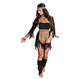 Boland - Erwachsenenkostüm Indianerin, Braun und Schwarz mit bunten Mustern, Kostümset bestehend aus: Stirnband, Kleid, Gürtel, Stulpen, ideal für Karneval oder Mottoparty