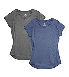 icyzone Damen Fitness Sport T-Shirt Kurzarm Laufshirt Gym Training Funktion Shirt, 2er-Pack (L, Grau/Blau)