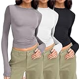 3PCS Frauen Einfarbig Modische Casual Rundhals Langarm Unregelmäßigen T Shirt Top Oberteil Langarm Spitze (Grey, XS)