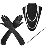 Daimay 1920s Damen Gatsby Kostüm Accessoires 20er Jahre Flapper Kostüm 3 Stck Perlenkette Satin Handschuhe Zigarettenspitze - Schw