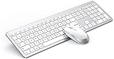Tastatur Maus Set Kabellos, seenda Ultra-Dünne Wiederaufladbare Funktastatur, Ergonomische Keyboard Mouse mit Silikon Staubschutz für PC/Laptop/Smart TV, QWERTZ Layout Weiß und Silb