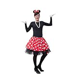 Oblique Unique® Damen Mouse Kostüm Rot Weiß Schwarz mit Rock Gepunktet + Perlen Kette + Maus Ohren Haarreifen mit Schleife + Handschuhe + Overknee Strümpfe für Fasching Karneval Motto Party