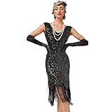 BOFUNX Damen Pailletten 1920s Kleid V Ausschnitt Knielang Charleston Kleid Flapper Gatsby Abschlussball Kleid Abendkleid Cocktail Party Fasching Kostüm Kleid XXL