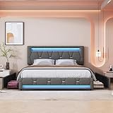 BHFFTHK Polsterbett 160x200 mit LED Beleuchtung,Doppelbett mit 4 Stauraum Schubladen und höhenverstellbares Kopfteil,Stauraumbett Jugendbett Bettgestell mit Lattenrost aus Holz, Leinen, G