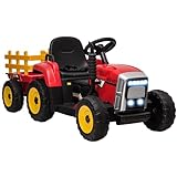 HOMCOM Elektrischer Traktor mit Anhänger, Kinder Aufsitztraktor mit Fernbedienung, Kinder Elektroauto mit MP3 Funktion, Kinderfahrzeug mit Scheinwerfer, 3-6KM/H, für 3-6 Jahre Kinder, R