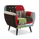 Versa Green Patchwork Sessel für Wohnzimmer, Schlafzimmer oder Esszimmer, bequemer und anderer Sessel, mit Armlehnen, Maßnahmen (H x L x B) 76 x 63 x 68 cm, Baumwolle und Holz, Farbe: Grü