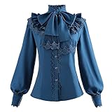 Nuoqi Viktorianische Bluse Damen Gothic Shirt Vintage Langarm Lotus Rüschen Tops, B-Blau, Groß