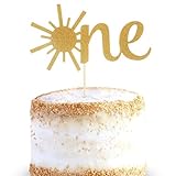 Tortenaufsatz für den 1. Geburtstag des Babys – Goldene Glitzer-Sonnenschein zum ersten Jahrestag der Dusche, einseitige Sonne, 1 Geburtstagstorte Smash Topper für Fotoautomaten-R