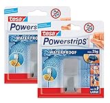 tesa Powerstrips Waterproof Haken Zoom Metall - Wasserfester Klebehaken aus Edelstahl für Badezimmer und Dusche (2, Haken)