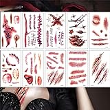 10 Blatt Temporäre Tattoos fur Halloween,Zombie Scars Tattoos Aufkleber mit gefälschten Scab Blut Spezial Party Kostüm Makeup Stü