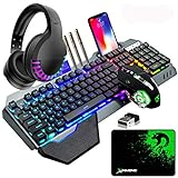 Kabellose Gaming-Tastatur & Maus & Headset Set,4 in 1,16 RGB Hintergrundbeleuchtung wiederaufladbare Tastatur mit Handballenauflage,7 Gaming-Maus mit Hintergrundbeleuchtung & RGB Bluetooth-Kopfhö