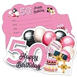 ERHACHAIJIA Einladungskarten zum Ausfüllen in Rosa und Schwarz, goldene Luftballons und Kuchenform, mit Umschlägen, lustige Einladungen zum 50. Geburtstag, Party, 50. Geburtstag, Erwachsene, 20 Stück